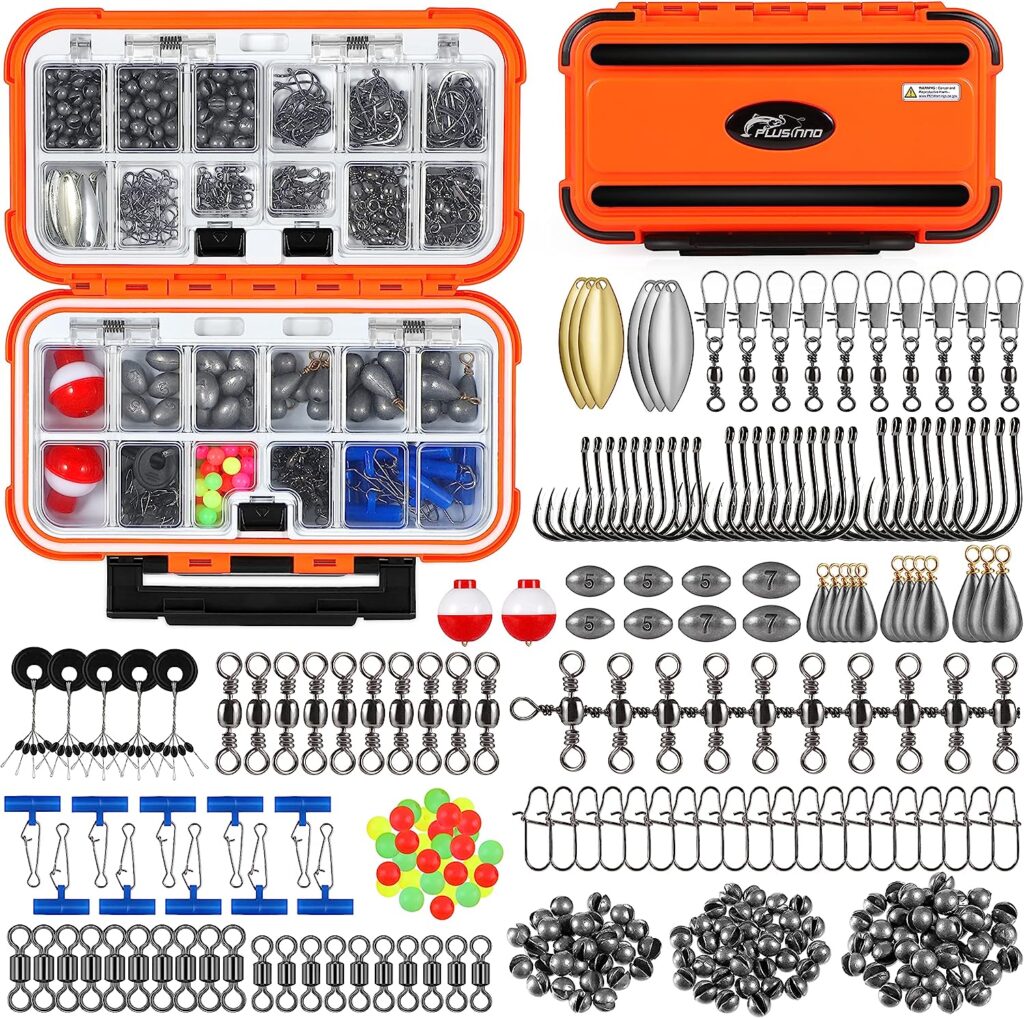 PLUSINNO 253/108pcs Fishing Accessories Kit, Fishing Tackle Box with Tackle Included, Fishing Lures, Fishing Hooks, Spinner Blade, Fishing Gear for Bass, Bluegill, Crappie