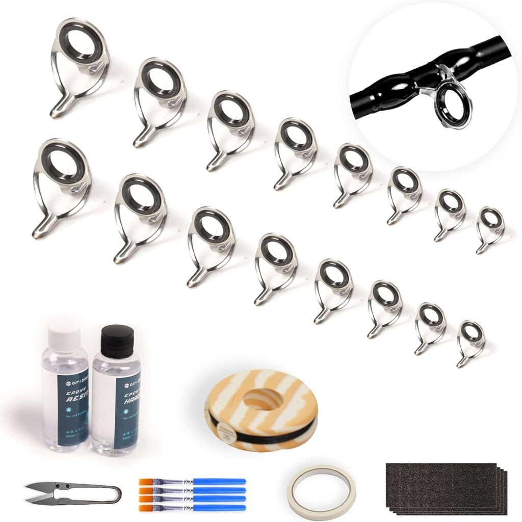 OJYDOIIIY Fishing Rod Repair Kit, All-in-One Supplies for Fishing Pole Eyelets Replacement with Rod Guides,Epoxy Glue,Wrapping Thread and Tape