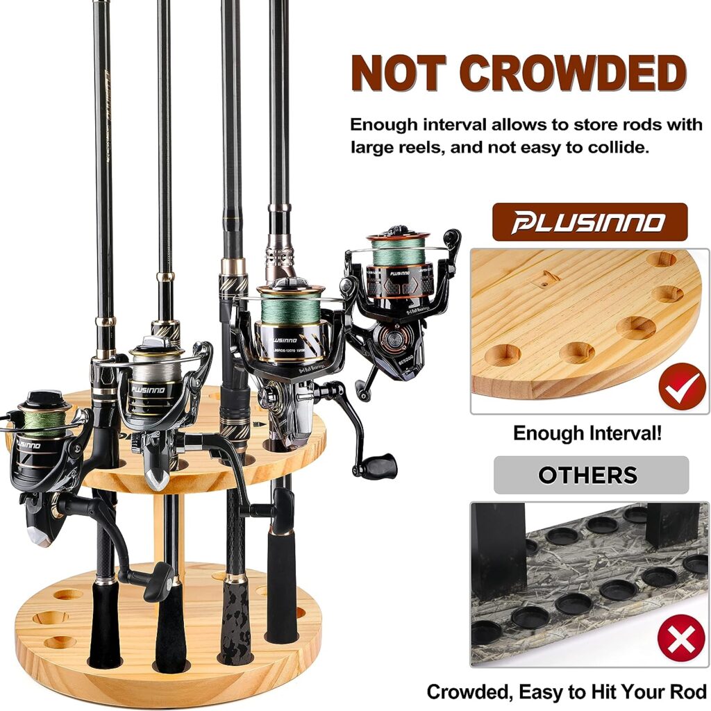 PLUSINNO V12 Fishing Rod Holders for Garage, Vertical Fishing Pole Holders Wooden Round Storage Floor Stand, Fishing Rod/Pole Rack