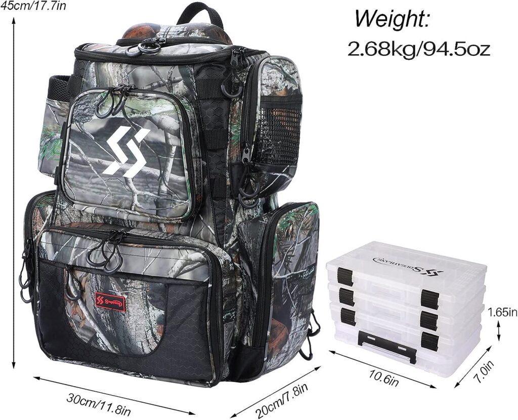 Sougayilang Fishing Tackle Backpack Waterproof Tackle Bag Storage with 4 Trays Tackle Box and Protective Rain Cover for Camping Hiking - Camouflage