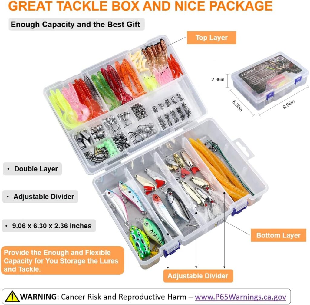 TCMBY 327PCS Fishing Lures Tackle Bait Kit Set for Freshwater Fishing Tackle Box with Tackle Included Fishing Gear, Crankbait, Soft Worm, Spinner, Spoon, Topwater, Hook, Jigs for Bass Trout.
