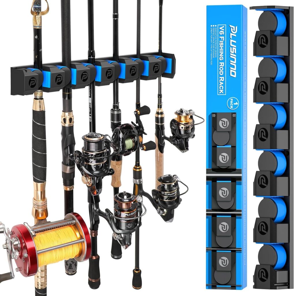 PLUSINNO V6 Vertical Upgrade Fishing Rod/Pole Holders, Support Extra Large  Heavy Fishing Rod and Reel Combos, Fishing Rod Holders for Garage, Wall Mounted Fishing Rod Rack Storage Organizer Safely