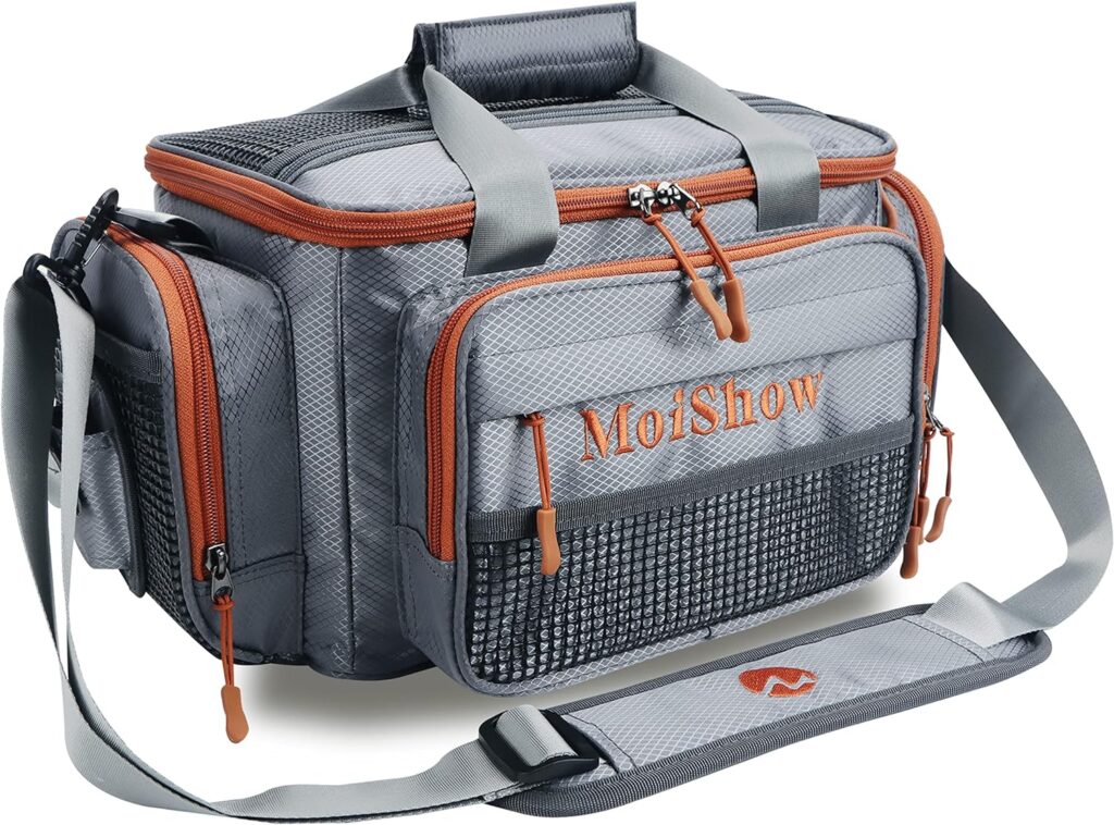 MoiShow Fishing Tackle Bags,Fishing Bag for Saltwater or Freshwater (#Grey) Tackle Box Bag - Padded Shoulder Strap - Fishing Gear Storage - Tackle Bag for Fishing, Camping, Hiking, Travel