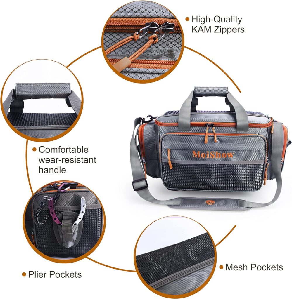 MoiShow Fishing Tackle Bags,Fishing Bag for Saltwater or Freshwater (#Grey) Tackle Box Bag - Padded Shoulder Strap - Fishing Gear Storage - Tackle Bag for Fishing, Camping, Hiking, Travel