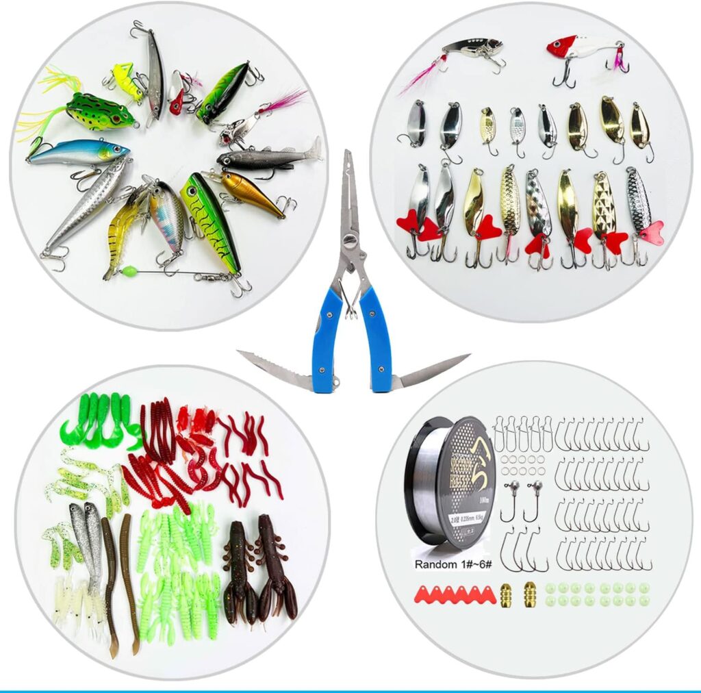 281PCS Fishing Lure Tackle Box Fishing Lures Kit, Spoon Lures, Soft Plastic Worms, Frog Lures, Bait Tackle Kit for Bass, Trout, Salmon for Freshwater and Saltwater Fishing Accessories