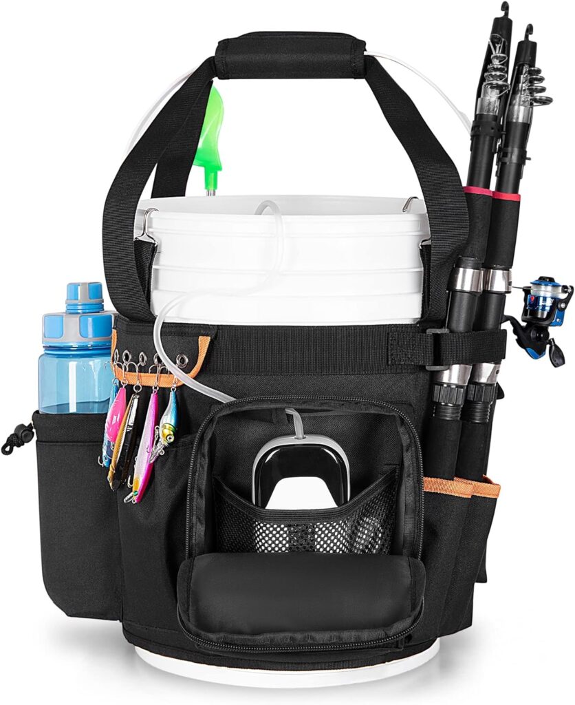 GOBUROS Fishing Bucket Organizer for 5 Gallon Bucket, Fishing Bucket Caddy with Adjustable Buckle, Rod  Plier Holder and Multi-Pockets for Fishing Gear (Bucket not Included)