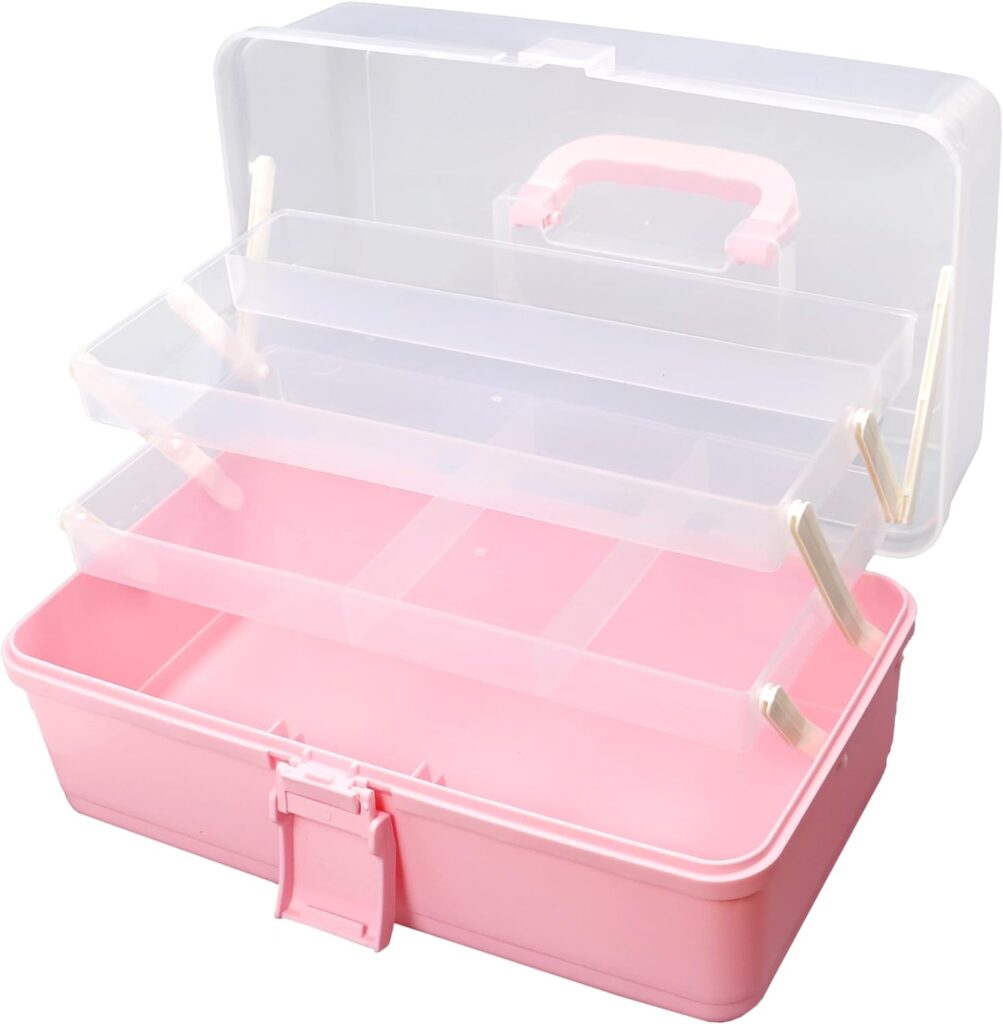 Facikono Tackle Box Organizers Pink Tackle Boxes for Kids Small Craft Storage Box Art Supply Storage Organizer Plastic Tool Box with Handle Sewing Box Container 3-layer Art Bin