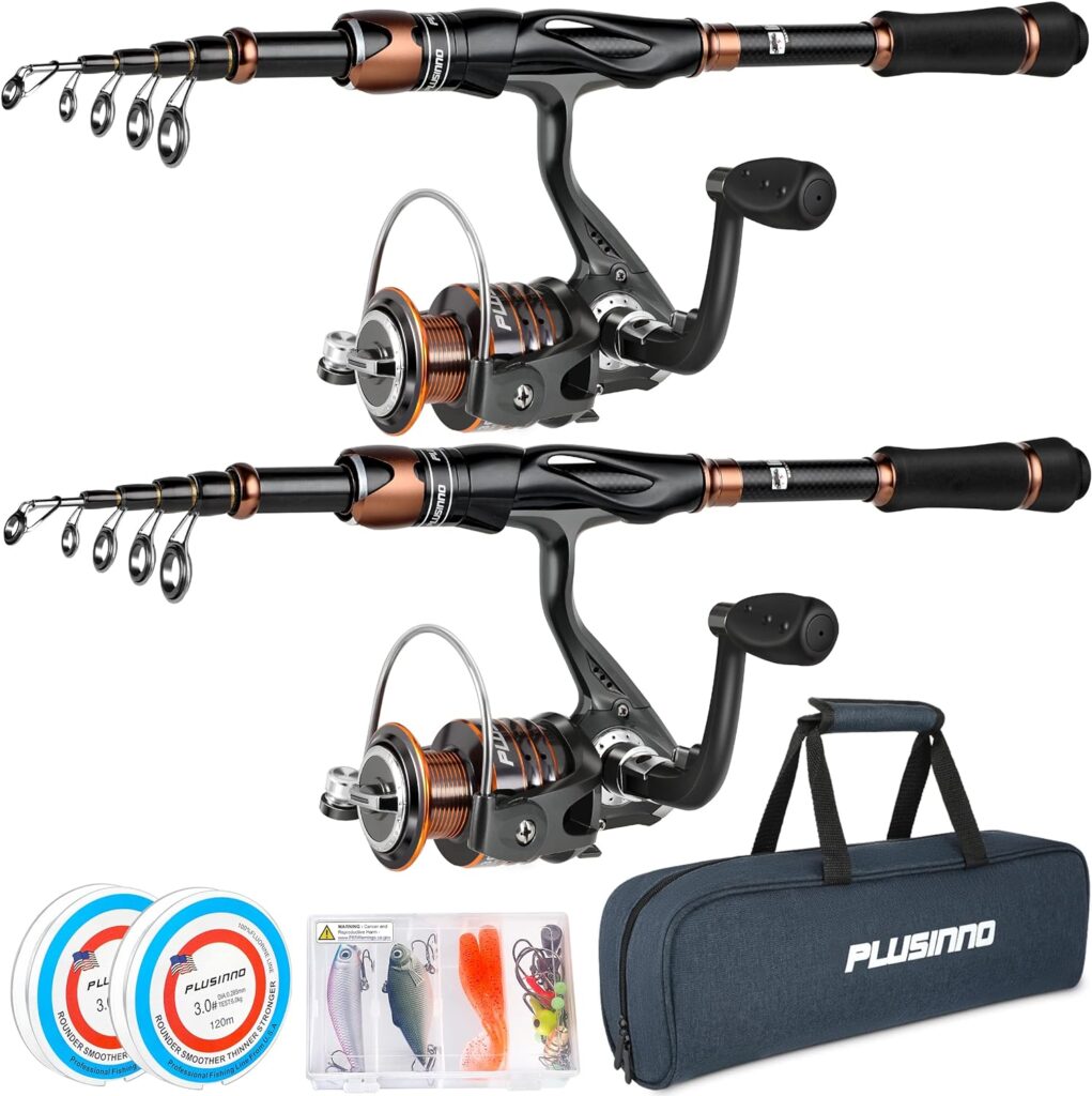 PLUSINNO Fishing Rod and Reel Combos, Bronze Warrior Toray 24-Ton Carbon Matrix Telescopic Fishing Rod Pole, 12 +1 Shielded Bearings Stainless Steel BB Spinning Reel, Travel Freshwater Fishing Gear