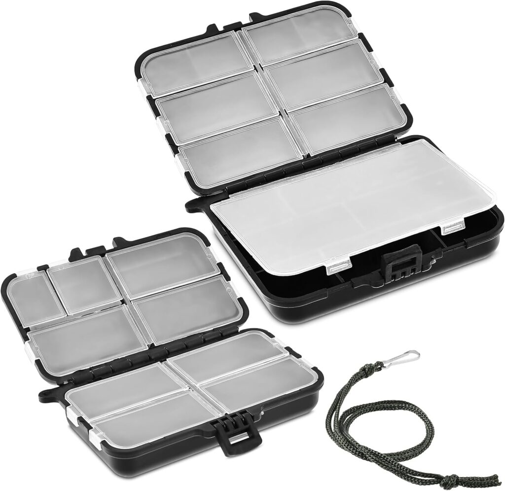 cobee Fishing Tackle Box, 2PCS Portable Tackle Box Organizer 9 Grids Mini Tackle Box with Lanyards Fish Tackle Tray Box Lure Baits Storage Containers Utility Boxes for Fishing(Black)