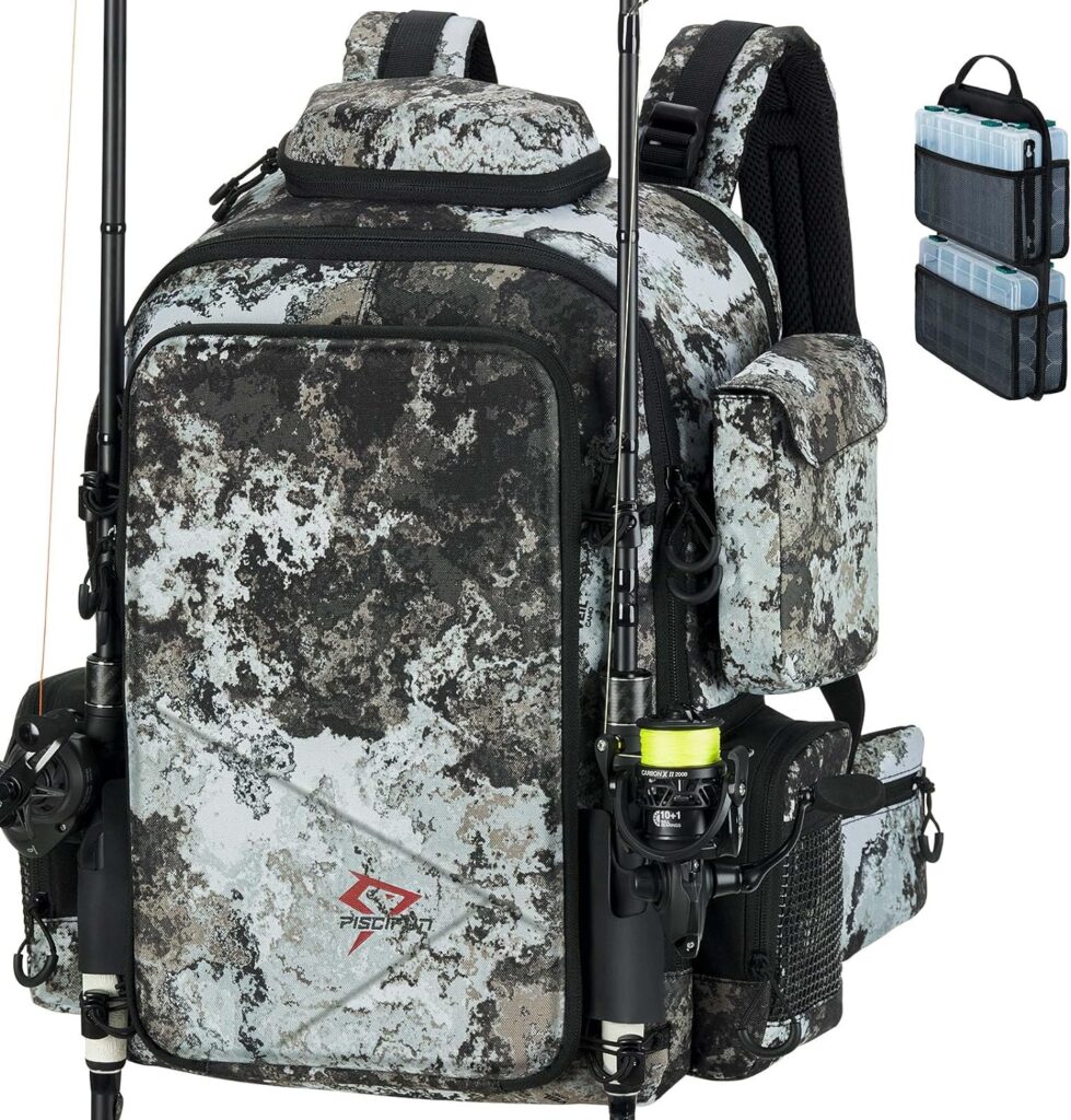 Piscifun Fishing Tackle Backpack 45L with Rod Holders  4 Tackle Boxes