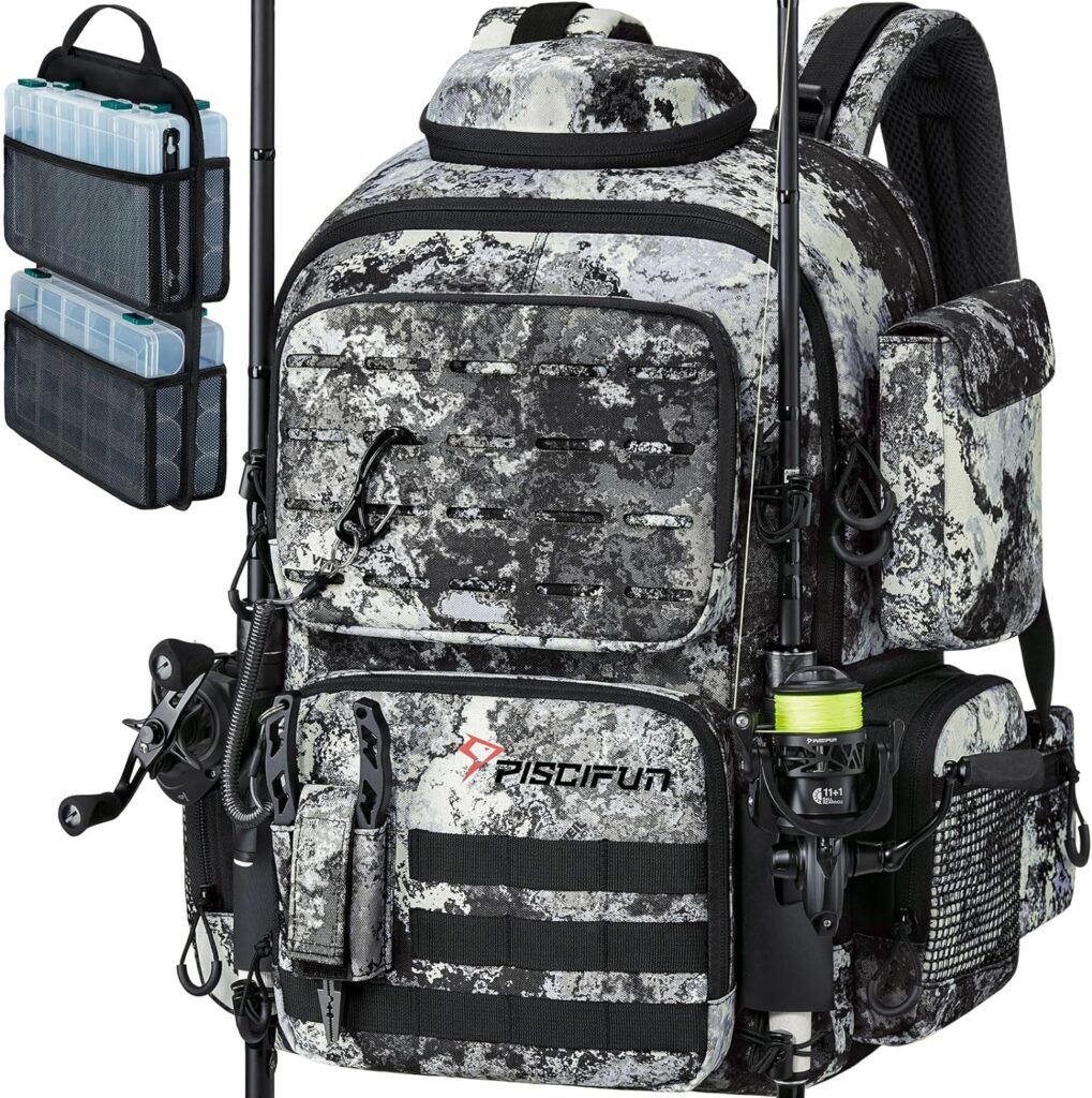 Piscifun Fishing Tackle Backpack 45L with Rod Holders  4 Tackle Boxes