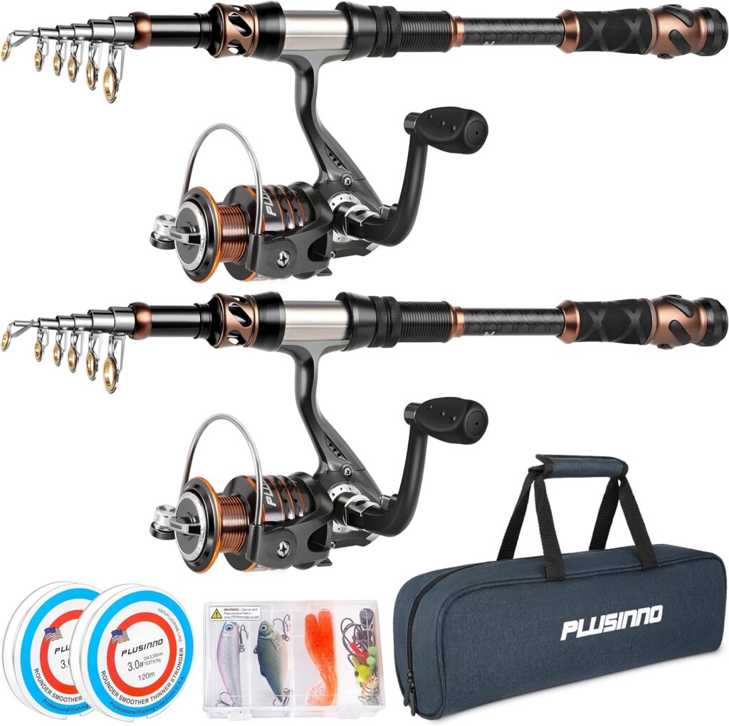 PLUSINNO Fishing Rod and Reel Combos - Carbon Fiber Telescopic Fishing Pole - Spinning Reel 12 +1 Shielded Bearings Stainless Steel BB