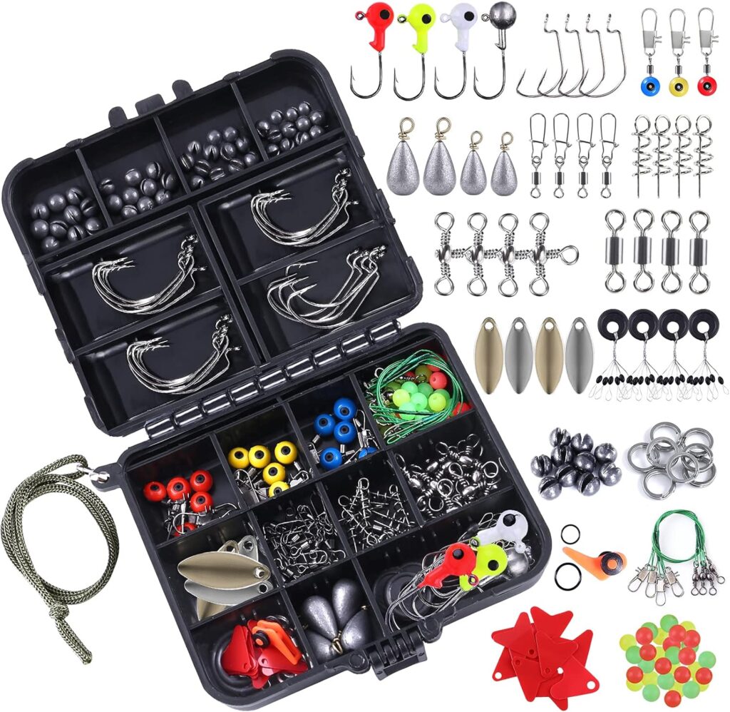 TOPFORT 187/343pcs Fishing Accessories Kit, Including Jig Hooks, Bullet Bass Casting Sinker Weights, Fishing Swivels Snaps, Sinker Slides, Fishing Set with Tackle Box