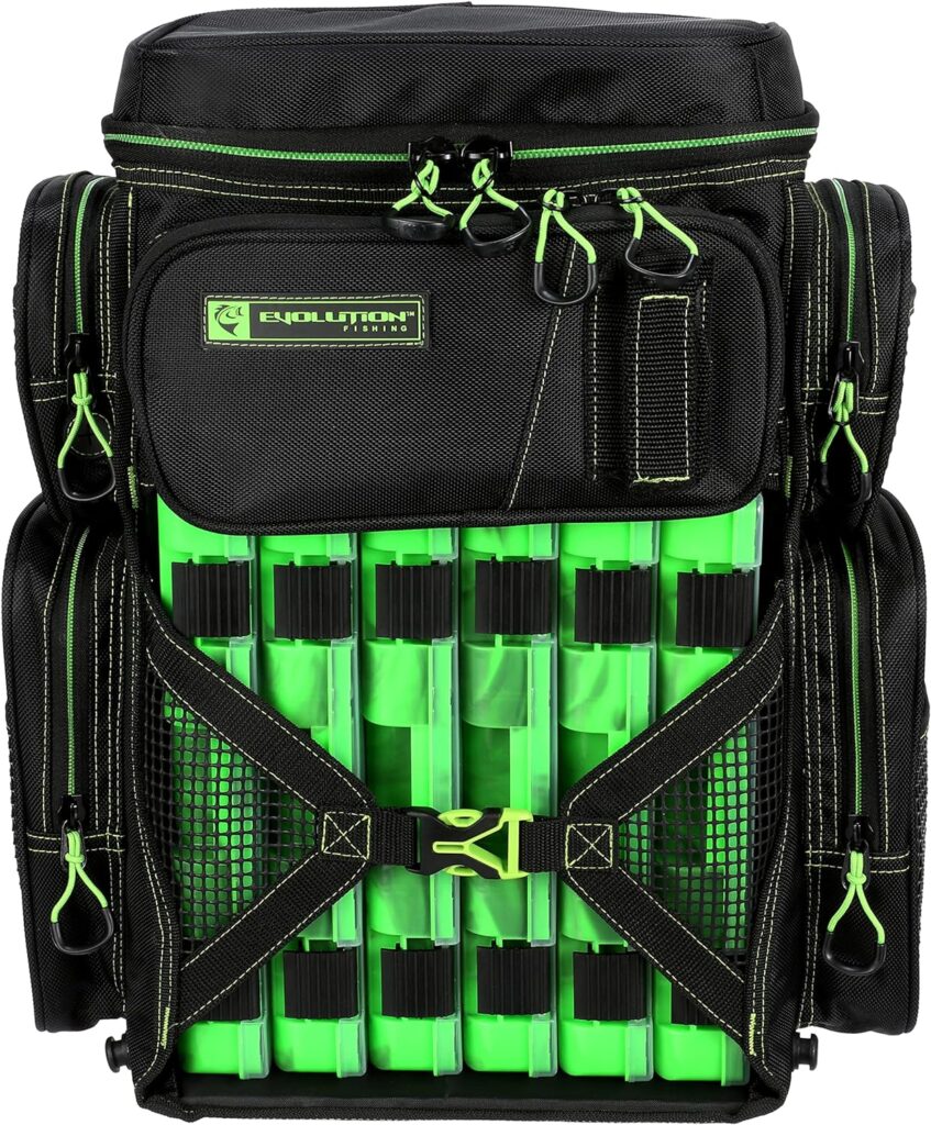 Evolution Fishing Drift Series Tackle Backpack – Green, 3600 Size, Outdoor Rucksack w/ 6 Fishing Tackle Trays, Built In Rain Fly, Heavy Duty Fishing Backpack, Tackle Carrying Case