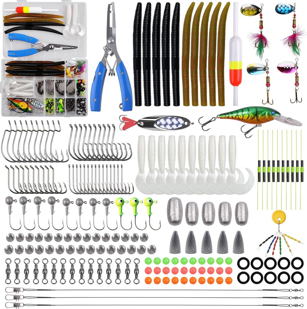 Fishing Tackle Kit, 193pcs Tackle Box with Tackle Included Pilers Fishing Lures Spinner Bait Spoon Worms Bobbers Jigs Fishing Hooks Starter Equipment Gifts  Gear for Bass Trout Walleye