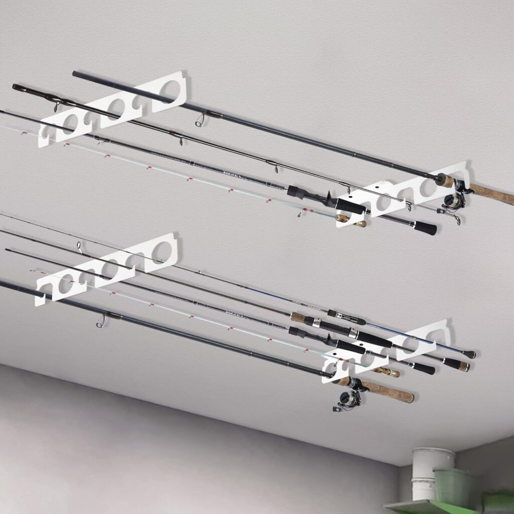 Iswabard Fishing Pole Holders, 4 Set,Fishing Rod Holders for Garage, Holds 12 Rods Fishing Rod Racks Wall Ceiling Rod Rack Wall Mounted Storage Rack, Garage Door Fishing Rod Holder, Metal,White