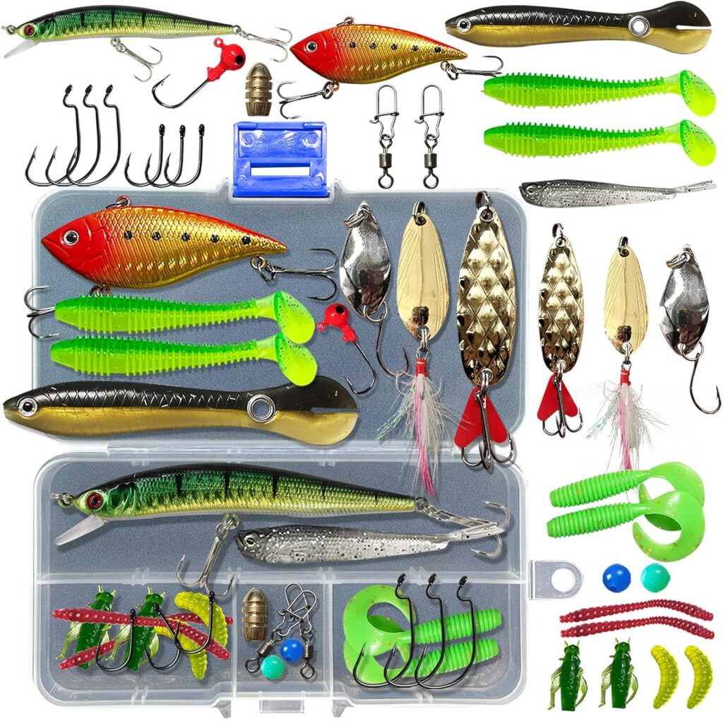 Fishing Lures Kit Set, Baits Tackle Including Crankbaits, Topwater Lures, Spinnerbaits, Worms, Jigs, Hooks, Tackle Box and More Fishing Gear Lures for Bass Trout