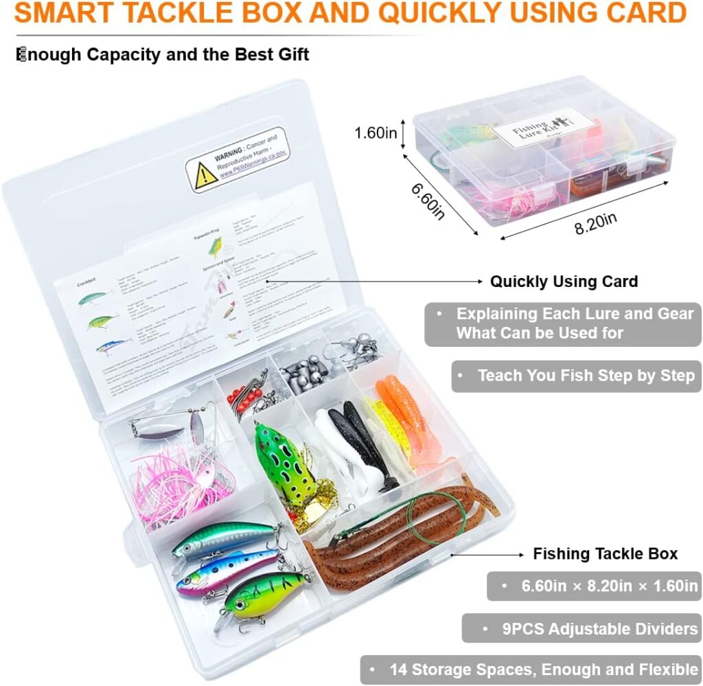 Fishing Lures Tackle Bait Accessories Kit, Tackle Box with Tackle Included, Fishing Gear and Equipment, Fishing Hooks, Spinnerbaits, Weights for Freshwater Bass Trout Fishing