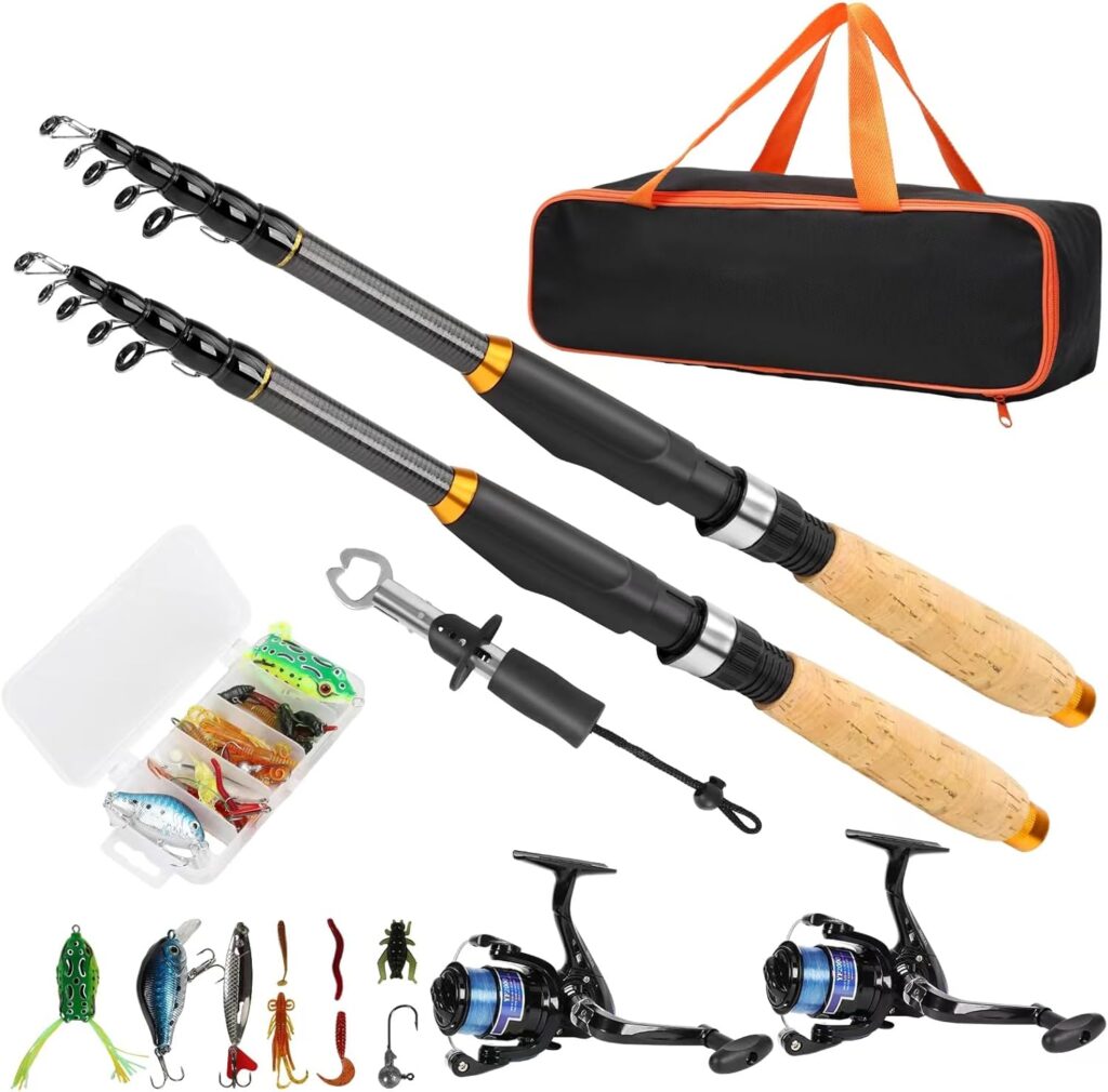 Fishing Pole and Reel Combo, 2PCS Telescopic Fishing Rod with Spinning Reel Lures Set,Fish Lip Gripper and Tackle Bag, Saltwater Freshwater Collapsible Fishing Kit for Beginner Adults