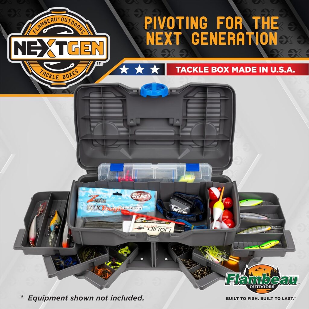 Flambeau Outdoors NextGen 6/0 Large Tackle Box, 6 Pivot Trays, 32 Compartments, Includes 25-Piece Starter Tackle Kit, Dark Gray