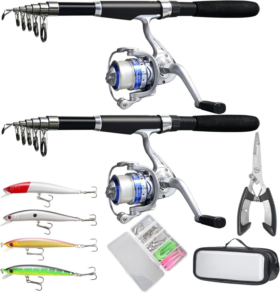 Fishing Pole Combo Set,2PCS Collapsible Rods 2PCS Spinning Reels Mono Fishing line Come Setup Already！Including 4PCS Minnow, Fishing Plier， ministoream