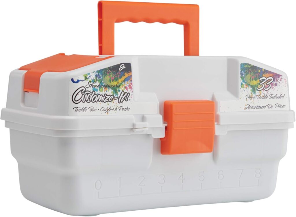 Shakespeare Customize-It Tackle Box, Kids Tackle Box with Tackle, Spill-Proof Tray, Includes 29 Pieces of Assorted Tackle, 3 Sheets of Customize-It Stickers, 2 Practice Casting Plugs, Fishing Journal