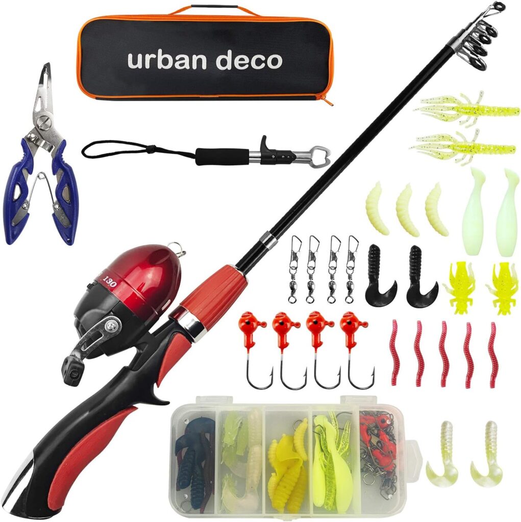 Urban Deco Kids Fishing Pole Set Portable Telescopic Kids Fishing Rod and Reel Combo Kit with Tackle Box for Beginners, Boys,Girls,Youth,Children