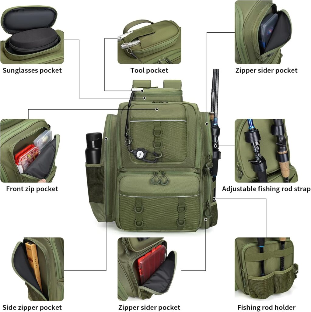 Fishing Backpack with Rod Holders, 42L Waterproof Fishing Tackle Backpack Fishing Bag with Hidden Shoulder Straps