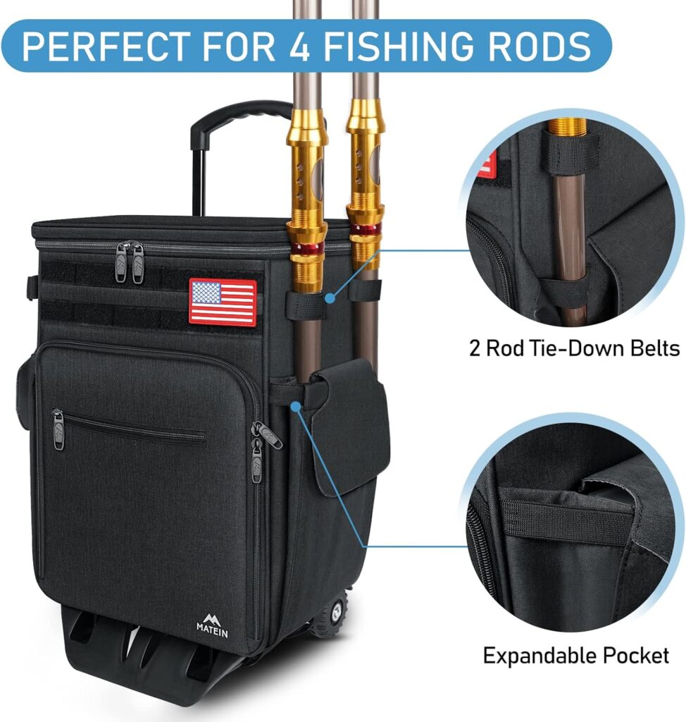 MATEIN Rolling Tackle Box with Cooler, Large Fishing Bag with Wheels for 5 Trays(Trays Not Included), Saltwater Resistant Tackle Backpack with Rod HoldersWaterproof Bottom for Storage Gear Pole Lures