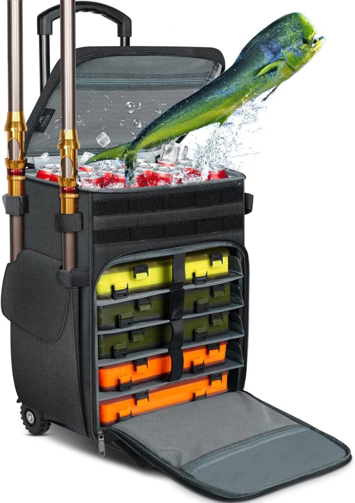 MATEIN Rolling Tackle Box with Cooler, Large Fishing Bag with Wheels for 5 Trays(Trays Not Included), Saltwater Resistant Tackle Backpack with Rod HoldersWaterproof Bottom for Storage Gear Pole Lures