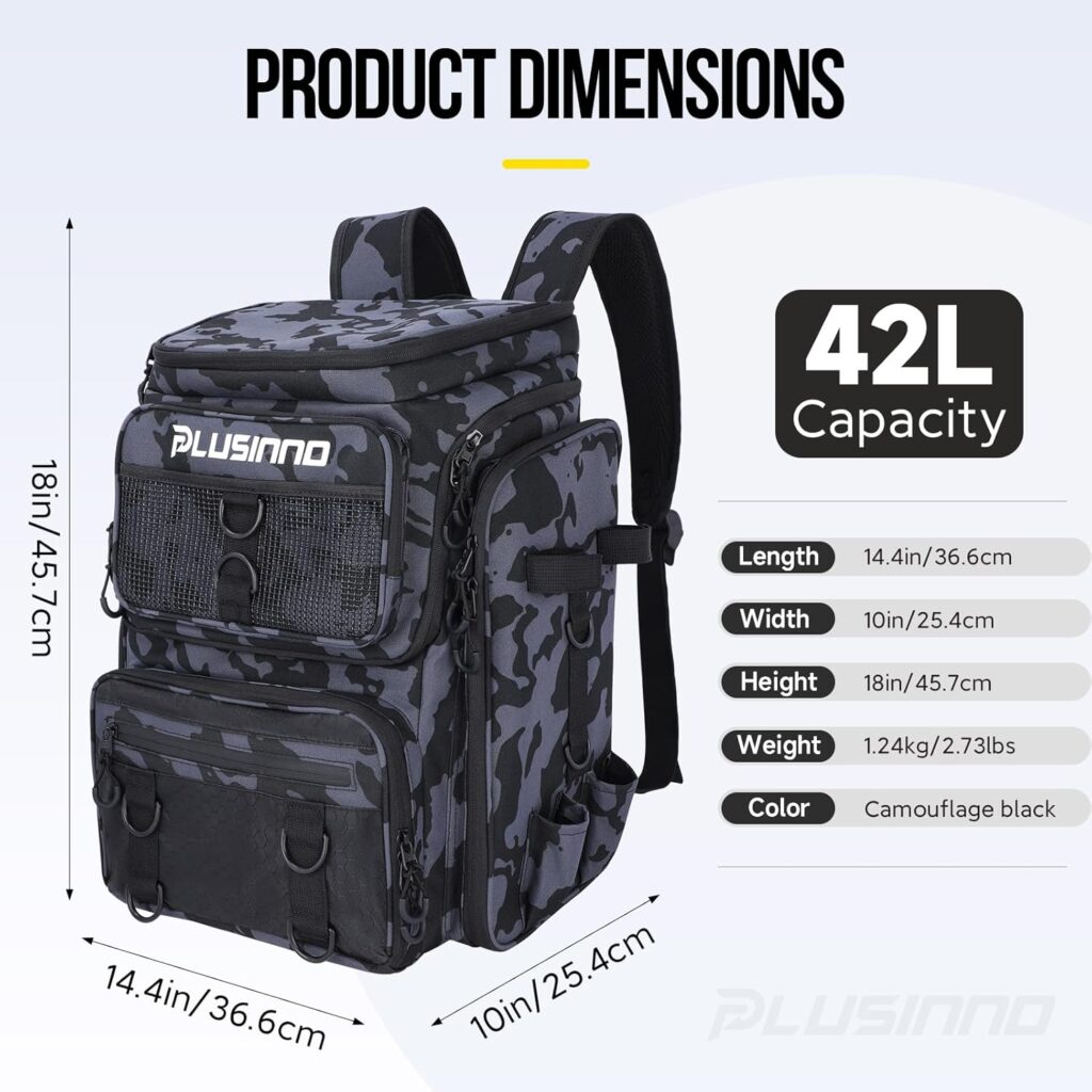 PLUSINNO Fishing Backpack with Rod Holders, 42L Large Water-Resistant Fishing Tackle Bag Store Fishing Gear for Fishing, Camping, Hiking, Fishing Gifts for Men Father