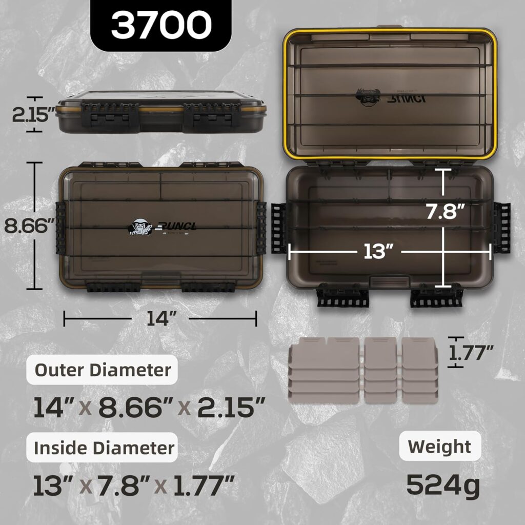 RUNCL Fishing Tackle Box, Waterproof Tray for Jigs Lures, Thicker Floating Tackle Utility Box with Adjustable Dividers, 3600/3700/Large 3700 Size