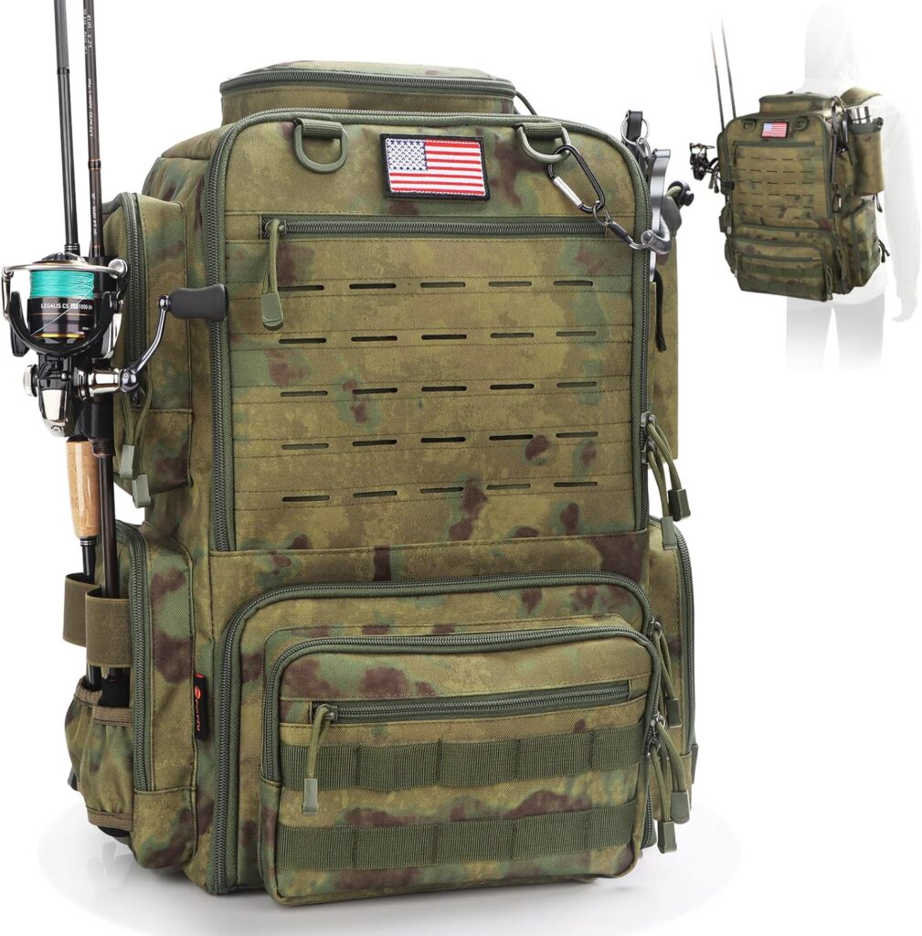 Fishing Backpack, Fishing Tackle Backpack with Rod Holders for 4 Boxes (Box Not Included) 45L Waterproof Fishing Gear, Ideal for Men and Women Tackle Box Bag (Forest Green Camo)