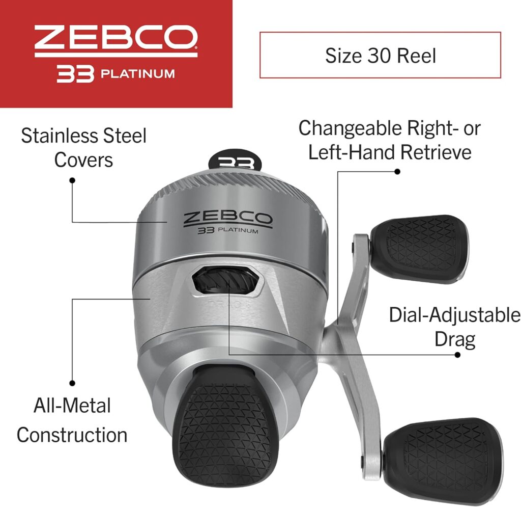 Zebco 33 Platinum Spincast Fishing Reel, Size 30 Reel, Right or Left-Hand Retrieve, 4.7:1 Gear Ratio, Pre-spooled with 10 lb Zebco Cajun Line, Silver