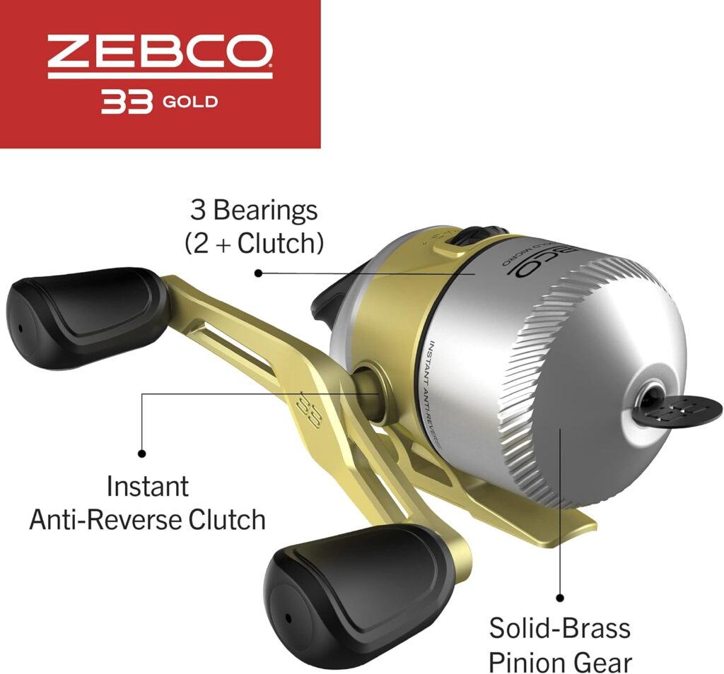 Zebco 33 Gold Spincast Fishing Reel, Changeable Right or Left-Hand Retrieve, All-Metal Gears, Pre-Spooled with Zebco Cajun Fishing Line, Silver/Gold