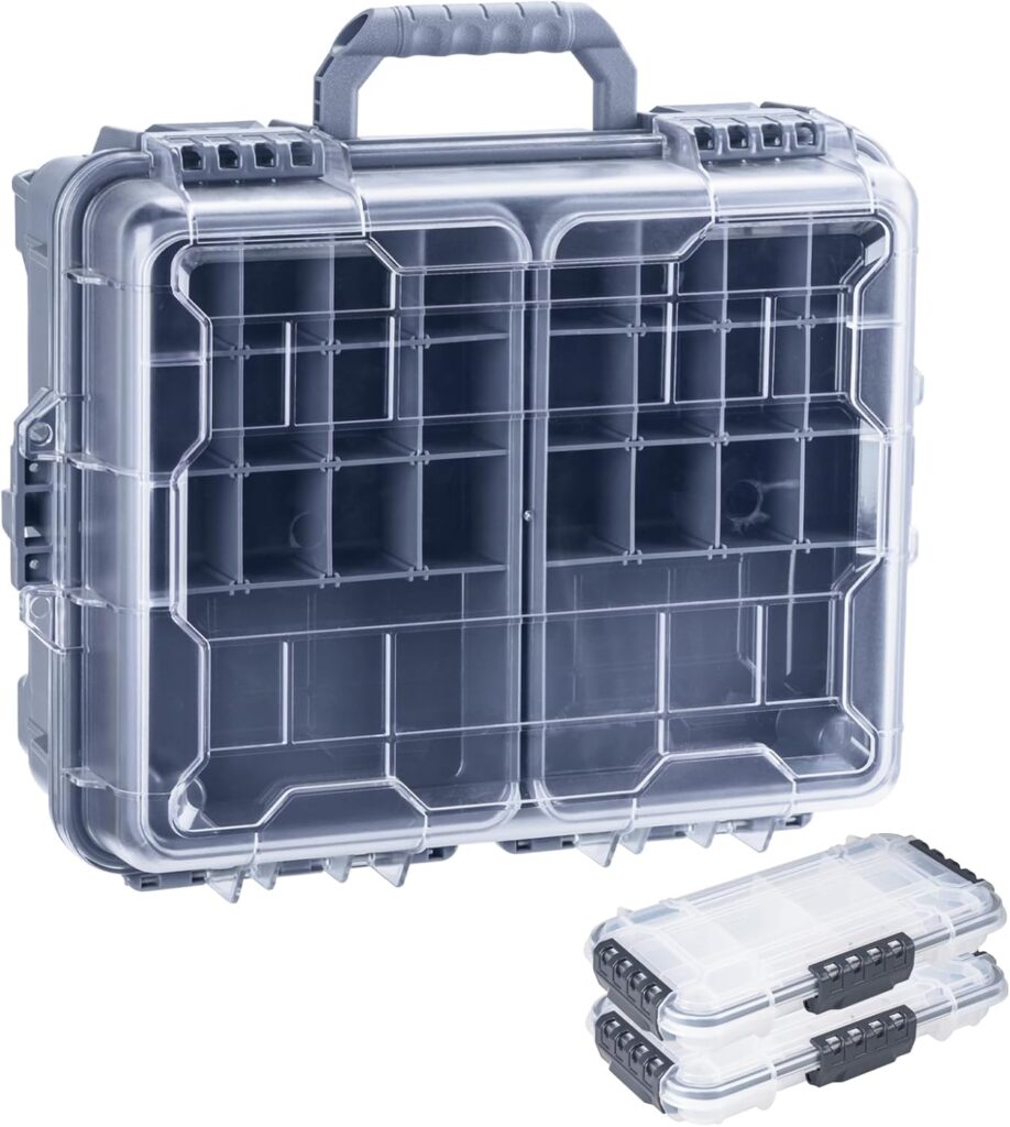 THKFISH Waterproof Tackle Box, Portable Fishing  Tackle Storage Box with Two 3500 Stowaway Boxes and Removable Dividers, Premium Tackle Box, Thicker Floating Airtight Stowaway,Pink/Green/Blue/Grey