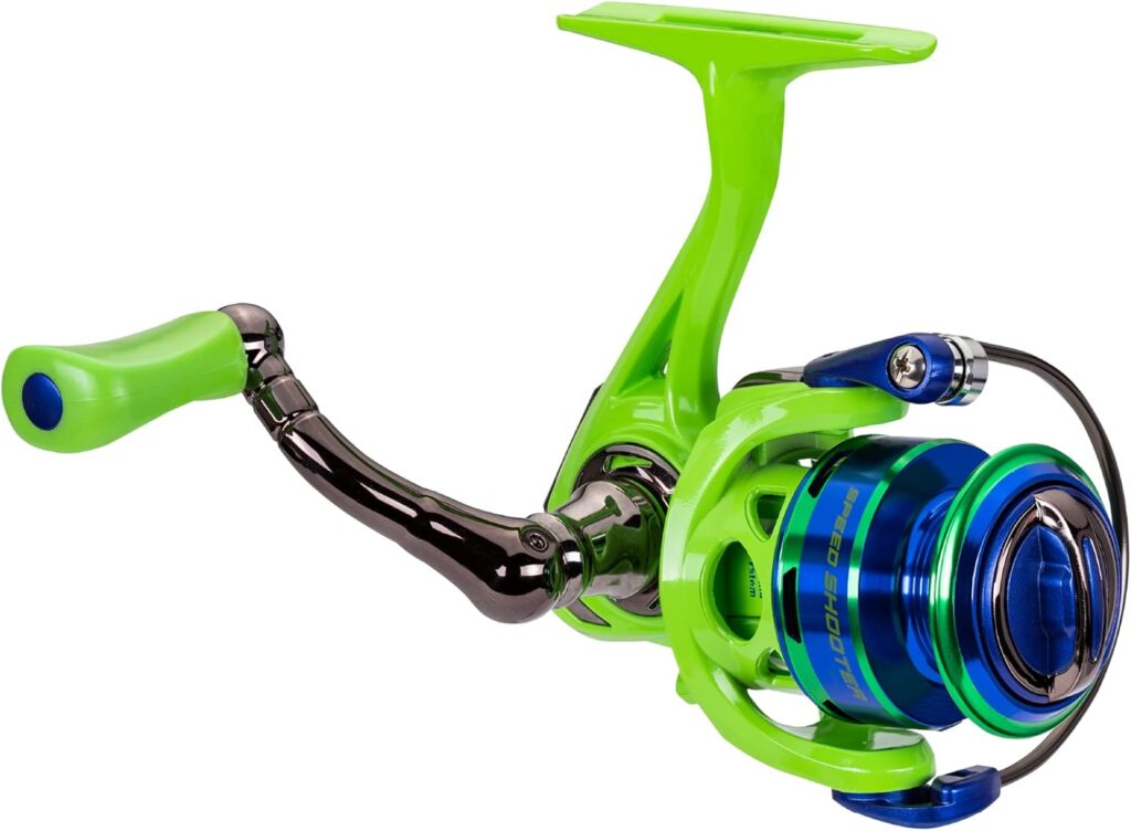 Wally Marshall Speed Shooter Spinning Reel, Right or Left-Hand Retrieve, One-Piece Graphite Frame with Graphite Sideplate, Green/Blue