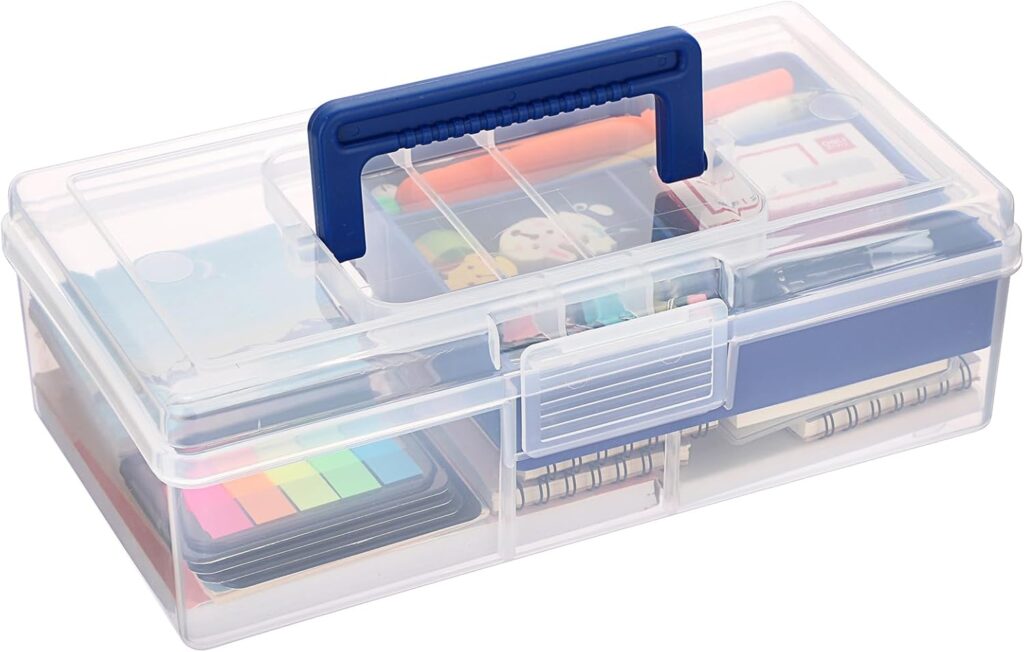 JUXYES Plastic Fishing Tackle Box Organizer with Removable Dividers, Clear Fishing Tackle Storage Boxes with Handle, 2 Layer Fishing Tackle Tray Box Lure Box, Navy Blue