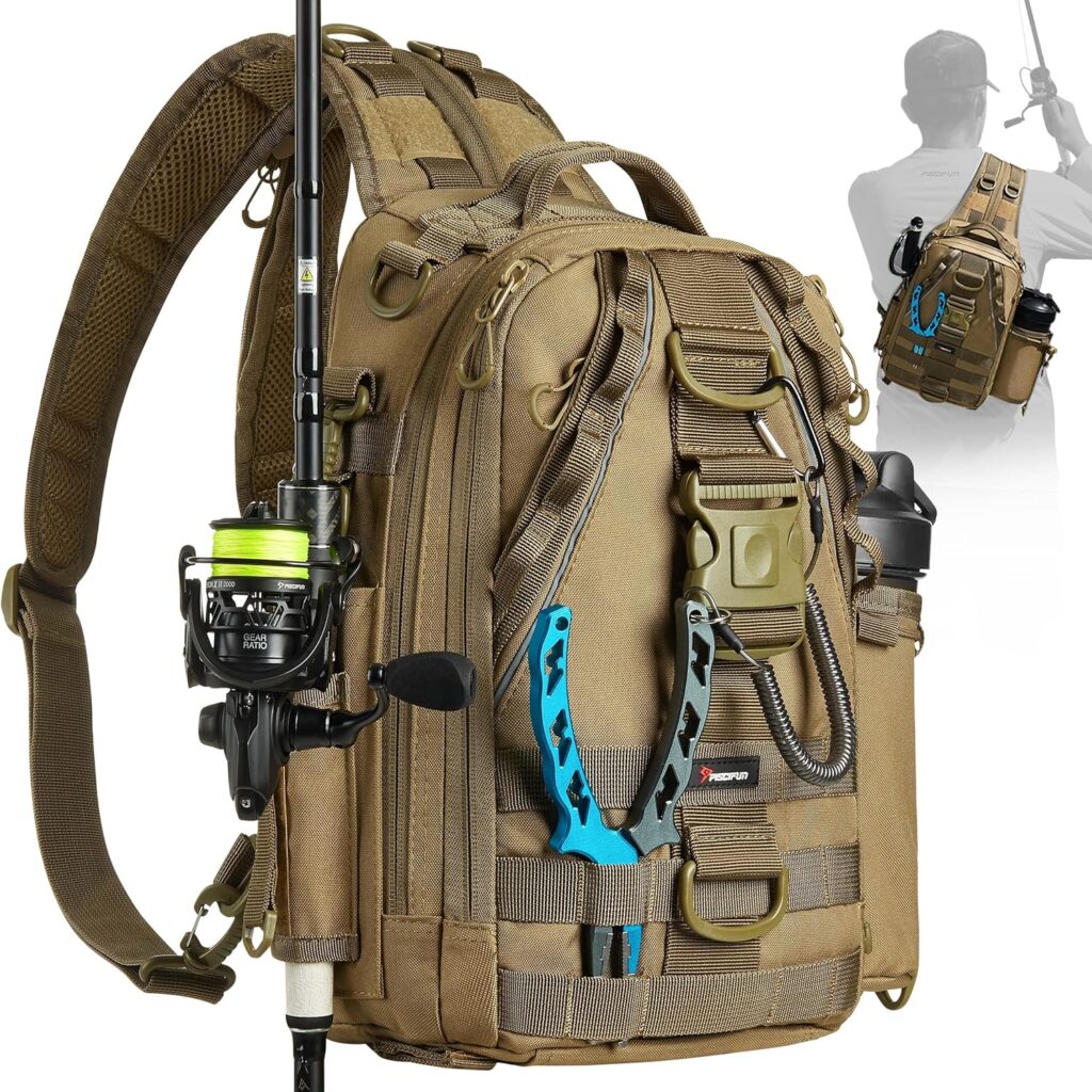 Piscifun Fishing Tackle Backpack with Rod  Gear Holder, Lightweight Outdoor Water-Resistant Fishing Shoulder Storage Bag