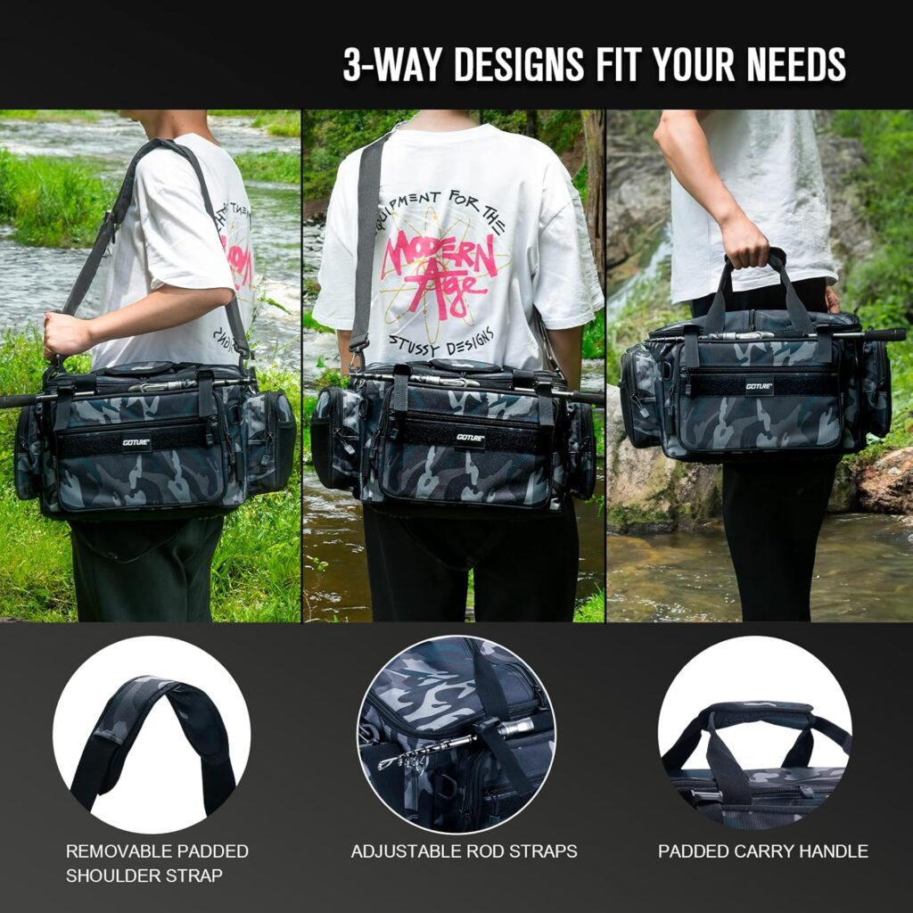 Goture Fishing Tackle Bag,Soft Side 600D Water-Resistant Cross Body Sling Fishing Bag, Small Freshwater Saltwater Gear Storage Tactical Bags Outdoor, Store 3 3600 Tackle Boxes,14.96x9.06x7.48