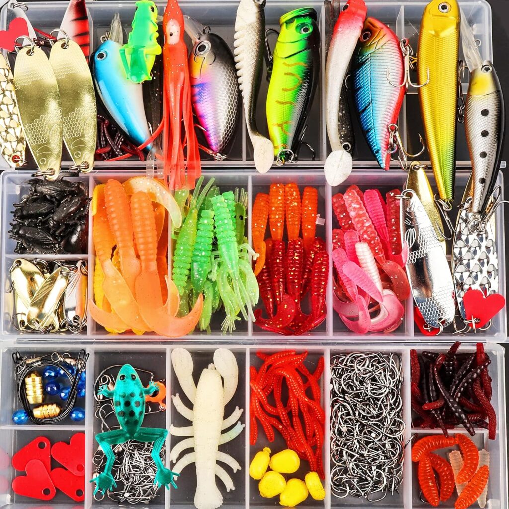 375pcs Lifelike Freshwater Fishing Lures Kit Fishing Tackle Box,2 Big Frogs Grasshopper Lures,Plopping Minnow,Artificial Bait Fishing Spoons Saltwater Pencil Bait for Bass Trout Bass Salmon as Gift