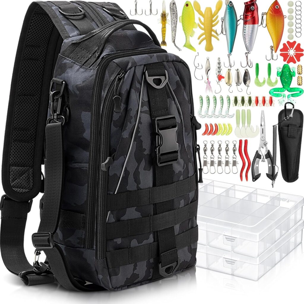 85 Pcs Fishing Backpack with Tackle Boxes, Tackle Sling Bag with Rod Holder, Fishing Lures Kit and Pliers Set for Men Women