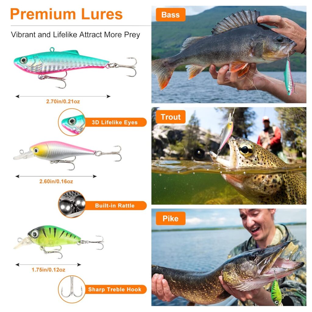 Fishing Lures Bait Tackle Kit Set for Freshwater Trout Bass Fishing, Including Accessories, Fishing Tackle Box, Crankbait, Spoon, Hooks, Fishing Gear and Equipment for Starter Beginner.