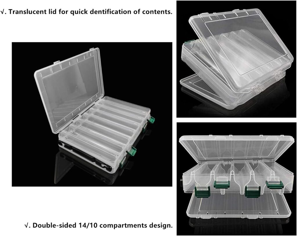 Double-Sided Fishing Lure Hook Tackle Box Visible Hard Plastic Clear Fishing Lure Bait Squid Jig Minnows Hooks Accessory Storage Case Container (Clear-14 Slots)