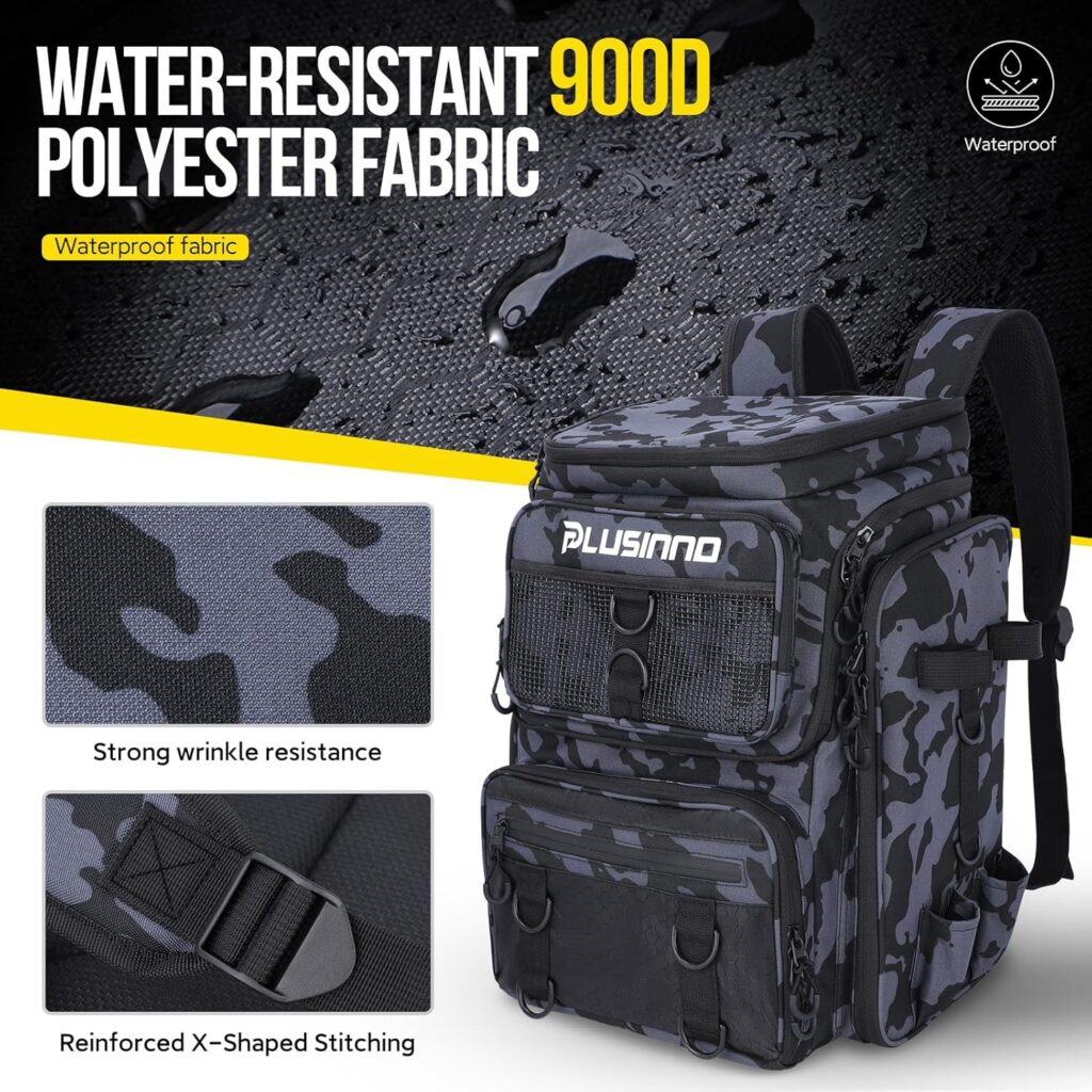 PLUSINNO Fishing Backpack with Rod Holders Tackle Box, 42L Large Water-resistant Fishing Tackle Bag Store Fishing Gear