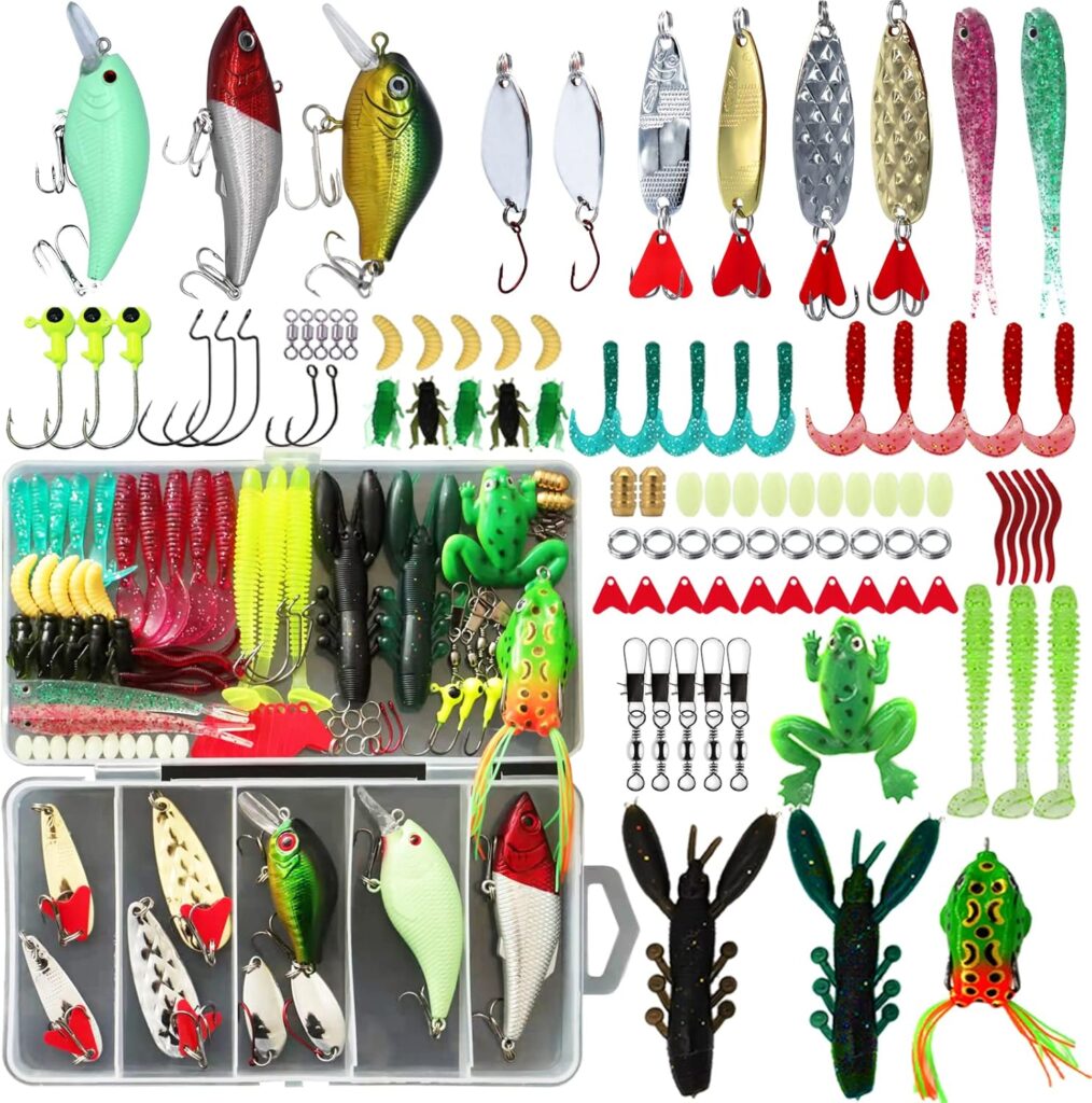 LASOCUHOO Fishing Lures Kit, Spoon Lures, Soft Plastic Worms, Frog Lures, Bait Tackle Kit for Bass, Trout, Salmon for Freshwater and Saltwater LASOCUHOO Fishing Lures Kit, Spoon Lures, Soft Plastic Worms, Frog Lures, Bait Tackle Kit for Bass, Trout, Salmon for Freshwater and Saltwater